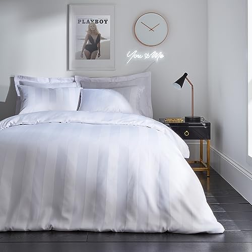 Sassy B Playboy Bedding Soft Satin Stripe Super King Duvet Cover Set with Pillowcases White