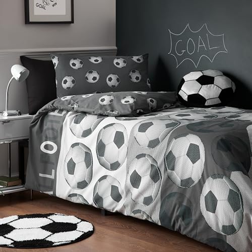 Catherine Lansfield Football Reversible Single Duvet Cover Set with Pillowcase Grey
