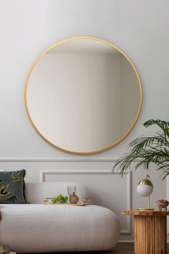 "MirrorOutlet The Fenestra - Gold edged Modern Round Circular Wall Mirror 39"" X 39"" (100CM X 100CM) Silver Mirror Glass with Black Metal Frame"