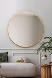 "MirrorOutlet The Fenestra - Gold edged Modern Round Circular Wall Mirror 39"" X 39"" (100CM X 100CM) Silver Mirror Glass with Black Metal Frame"