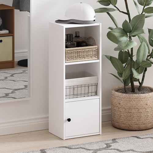 Furinno LUDER Book Shelf, 3-Tier Modern Bookshelf, Bookcase with 1 Door Storage Cabinet, 23.62 x 30.48 x 80 cm, for Living Room, Bedroom, Home Office, Plain White