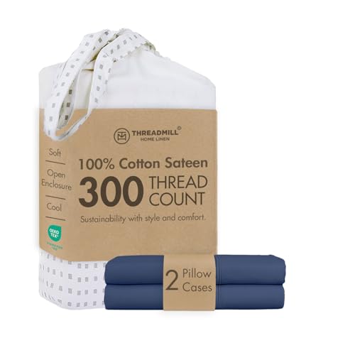 Threadmill 300 Thread Count Cotton Standard Pillowcases, Sateen, Blue - 100% Cotton, Sateen Weave, 2-Pack, 20x30 in, Breathable, Hotel Quality, OEKO-TEX Certified, Machine Washable