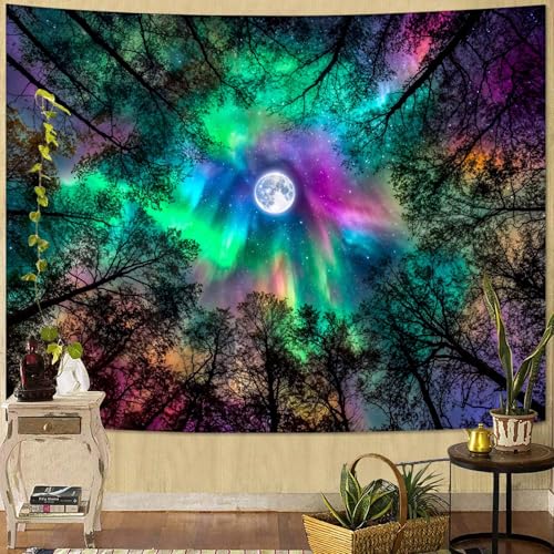 Yeoiat Abstract Rainbow Northern Lights Moon Forest Tapestry Psychedelic Wall Hanging Aesthetic Decor for Bedroom Dorm Living Room, 60x44 Inch