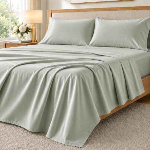 "400 Thread Count Full Size Sheet Sets, 100% Egyptian Cotton Sateen Weave Deep Pocket Full Sheet & Pillowcase Sets Fits Upto 17"", Soft Breathable Luxury Bedding, Cotton Bed Sheets- Mineral"