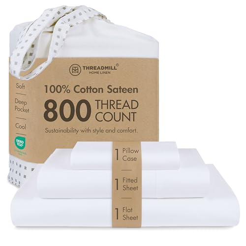 800 Thread Count Sateen Bedding Set 100% Cotton 4 Piece Bedding Set Solid Sheets Sateen Weave King Size White Threadmill Home Linen.