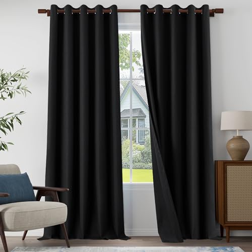 "100% Blackout Linen Textured Curtains 108 Inch Length 2 Panels Set for Living Room, Bedroom, Light Weight Curtains with Grommets Top, Full Blackout Curtains Privacy Protection, Black, 66"" W x 108"" L"