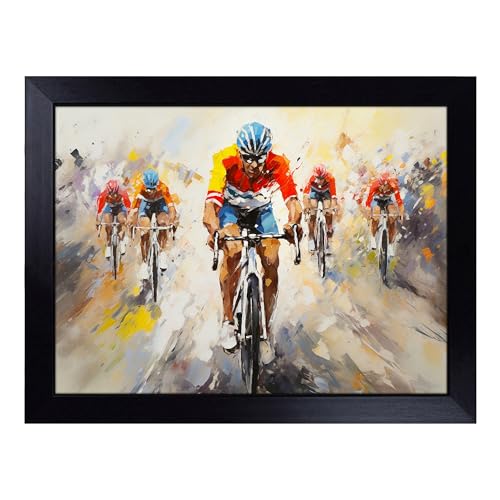 Lap Tray with Bean Bag Cushion, Tour de France Cycling Action - Handmade in the UK, Raised Wooden Edge, Padded Cushion, Heat-Resistant Wipe-Clean Surface, for Meals, Laptops and Crafts