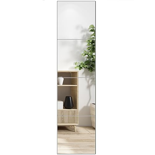 "Ruomeng Full Length Wall Mirror Tiles - 10"" x 10"" x 4Pcs Frameless Full Body Mirror Tiles Wall Mounted Mirror for Home Gym Vanity Bedroom, Living Room"