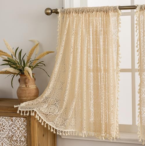"YJ YANJUN Boho Kitchen Window Curtains Over Sink 2 Panels,Each 59"" W x 36"" L, Beige Crochet Cafe Curtains 36 inch Length Country Short Tassel Curtain Panels for Laundry Room Basement Bathroom Kitchen"