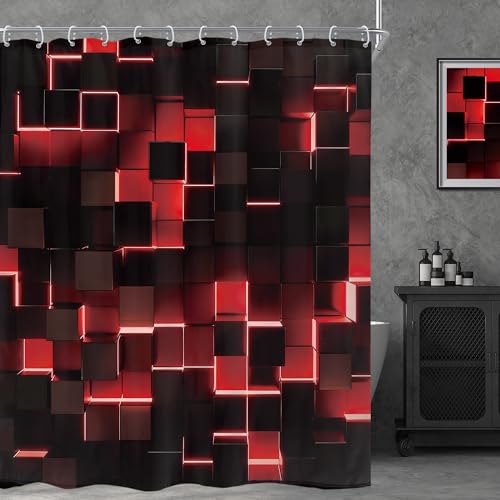 Riyidecor Red Black Shower Curtain???60Wx72H Inch Funny Abstract Wall Brick???Modern 3D Gradient Design???Futuristic Geometric Mens Boys Cool Bathroom Decor Fabric Polyester Waterproof 12 Pack Hooks