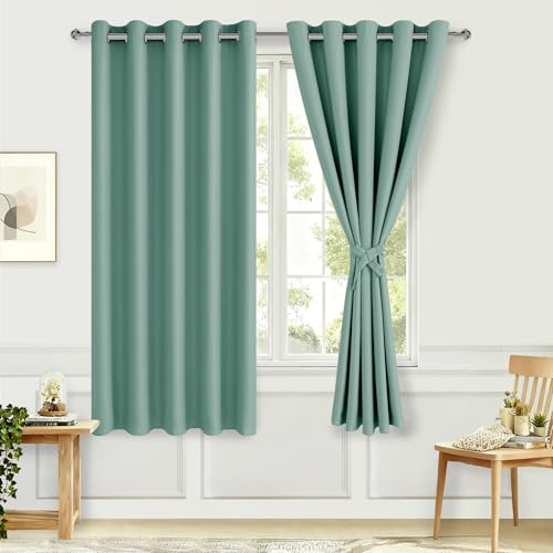 Hiasan Blackout Curtains for Bedroom, 60 x 63 Inches Length - Thermal Insulated & Noise reducing Window Curtains for Living Room, 2 Drape Panels Sewn with Tiebacks, Sage Green