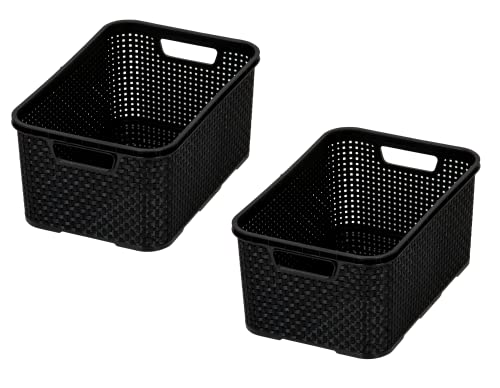 BranQ - Home essential Basket in rattan design, set of 2, size L, 19 l, BPA-free plastic PP, black, 38 x 27.8 x 18.5 cm, 2 pieces