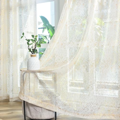 TERLYTEX Gold Sheer Curtains 84 Inches Long for Living Room, 2 Panels Metallic Foil Gold Shimmer Taupe Curtains, Rod Pocket Privacy Light Filtering Sparkle Curtain Drapes, 52 x 84 Inch, Gold Taupe