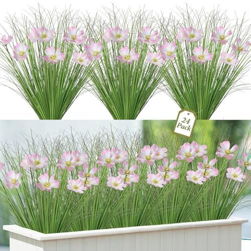 UXORSN 24 Bundles Artificial Flowers for Outdoors, UV Resistant Fake Shrubs Onion Grass with Pink Flowers, Faux Greenery Stems Artificial Bushes for Garden Planter Porch Window Box Decor