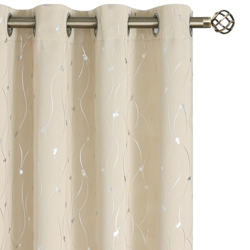 BGment Blackout Curtains 84 Inch Length 2 Panels Set, Grommet Thermal Insulated Blackout Curtains with Wave Line and Dots Printed for Bedroom, 2 Panels, Each 52 x 63 Inch, Champagne