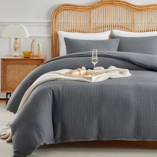 WARMDERN Waffle Weave Grey Duvet Cover Set Full Size, Textured, 3-Piece - Zipper Closure, 4 Corner Ties, All-Season, Machine Washable, Soft, Breathable, Lightweight Bedding Set, Durable, Bedroom