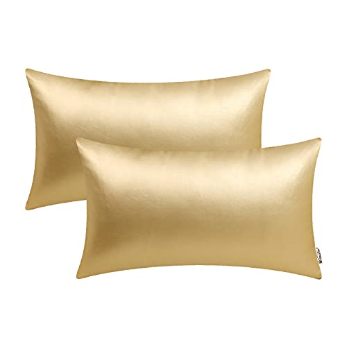 BRAWARM Decorative Throw Pillow Covers, Faux Leather Throw Pillow Cushion Covers, Solid Faux Leather Couch Cases for Living Room Garden Bed, Gold, 30cm x 50cm, Pack of 2