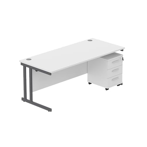 Office Hippo Heavy Duty Contract Grade Office Desk Workstation and Lockable 3-Drawer Pedestal Set, 120kg Weight Tolerance, 5-Year Warranty, FSC Certified, Arctic White, Graphite Legs, 1600 x 800mm