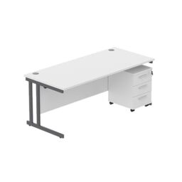Office Hippo Heavy Duty Contract Grade Office Desk Workstation and Lockable 3-Drawer Pedestal Set, 120kg Weight Tolerance, 5-Year Warranty, FSC Certified, Arctic White, Graphite Legs, 1600 x 800mm