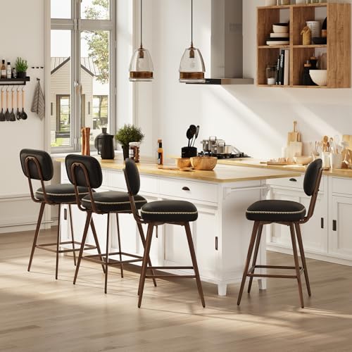 MALOL PU Leather Breakfast Bar Stools Set of 4, Swivel Kitchen Bar Chairs with Backrest and Metal Legs, Modern Barstools Counter with Anti-Slip Pads for Kitchen Island, Dining Room, Black