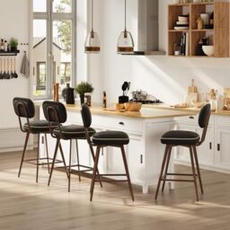 MALOL PU Leather Breakfast Bar Stools Set of 4, Swivel Kitchen Bar Chairs with Backrest and Metal Legs, Modern Barstools Counter with Anti-Slip Pads for Kitchen Island, Dining Room, Black