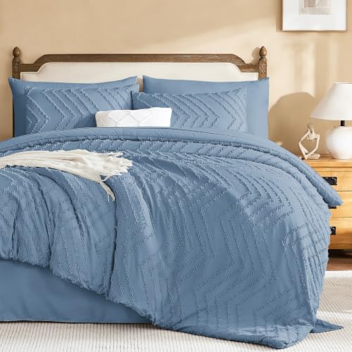 Litanika Queen Comforter Set with Sheets, 7 Pieces Boho Bed in a Bag - Grey Blue Fluffy Lightweight Neutral Soft Warm Chevron Tufted Textured Bed Set
