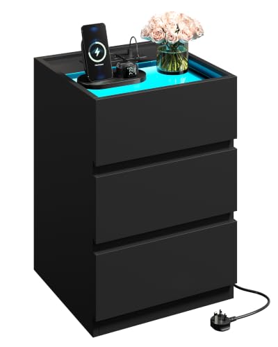 IRONCK Bedside Table Glass Top Bedside Cabinet with LED & Charging Station
