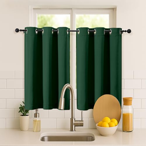 Simplebrand Ever Green Short Cafe Curtains 36 Inch Length 2 Panels Set, Half Window Grommet Privacy Drape Tiers for Kitchen, Thermal Insulated Room Darkening Curtains for Bathroom Shades, W40 x L36