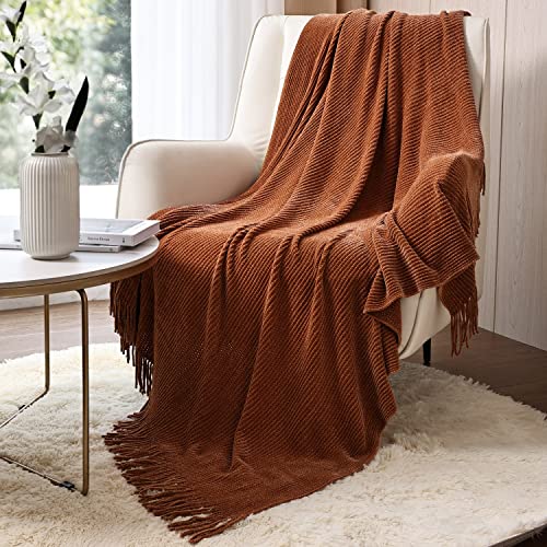 CREVENT Farmhouse Rust Chenille Throw Blanket for Couch Sofa Chair Bed Home Decoration, Soft Warm Cozy Knit Blanket for Spring (127cmX152cm Caramel/Brown/Burnt Orange)