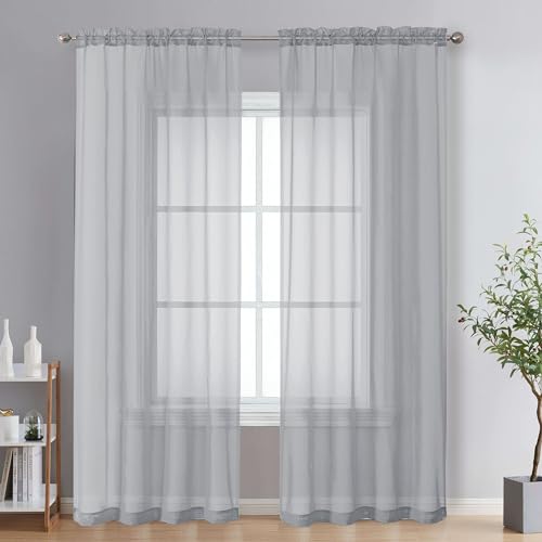 OVZME Light Grey Sheer Curtains 84 inches Long - Soft Light Filtering Window Panels for Living Room/Bedroom, Top Double Rod Pocket, 1 Pair, 42x84, Set of 2