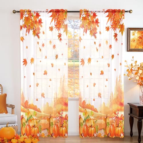 "youleyar Fall Sheer Curtains for Living Room 63 Inches Long 2 Panels White Semi-Sheer Curtain with Pumpkin&Maple Leaves Printed Pattern Fall Rod Pocket Voile Drapes for Bedroom, 52"" W x 63"" L"