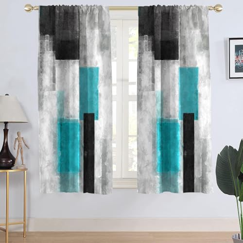 "AAtter Teal and Black Window Curtains, Abstract, 42"" W x 63"" L, 2 Panels - Turquoise with Grey Rod Pocket Bedroom Drapes, Geometric Plaid Pattern, Modern Cool Style, Trendy Checkered Design for Men"