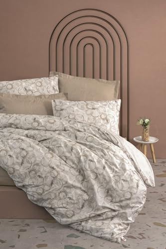 Nuit Des Rêves Ranforce Single XXL Quilt Cover Set, 100% Cotton, Beige, 155 x 220 cm Duvet & 80 x 80 cm Pillowcase, Machine Washable, Elegant Pigment Printing, Button Closure