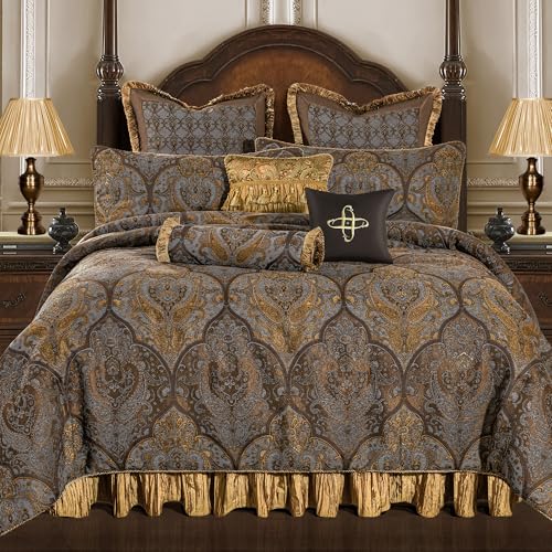 Loom and Mill Ultra Soft Damask Bedding with Euro Shams, Bedskirt, Filled Decorative Pillows Cambridge, Synthetic Fiber, Bronze Gold, King