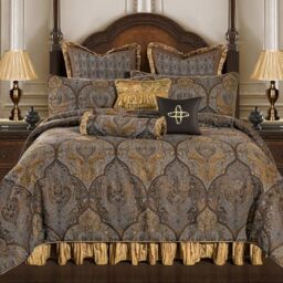 Loom and Mill Ultra Soft Damask Bedding with Euro Shams, Bedskirt, Filled Decorative Pillows Cambridge, Synthetic Fiber, Bronze Gold, King
