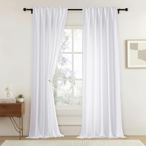OVZME Extra Wide Curtains 96 Inches Long 2 Panels Set for Living Room, Light Filtering Rod Pocket Window Drapes, Rustic Farmhouse Dining Room Curtains for Sliding Glass Door, White, 2x52Wx96L Inches