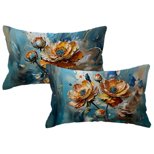2Pack Flowers Decorative Pillow Covers Modern Orange Poppy Design Cushion Covers Oil Painting Pretty Floral Lumbar Pillowcases 12 x 20 Inch Farmhouse Spring Summer Decorations (Orange/Blue)