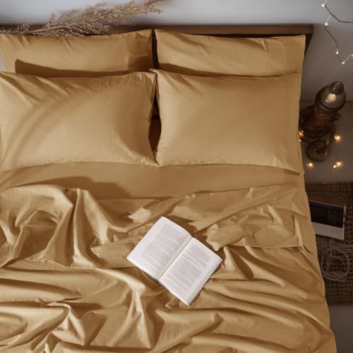 "LBRO2M 100% Linen Sheet Set Full Size, Bed Sheets 6 Piece Sets,Solid Color Natural Flax Bed Sheets Soft Breathable Bedding,16"" Deep Pocket,All Season (Full, Rust)"
