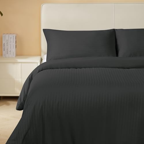 Good Nite Single Duvet Cover Polyester Striped Satin Duvet Cover Set Duvet Sets with 2 Pillowcases Skin Friendly and Soft Machine Washable (Black, Single 135 * 200cm)