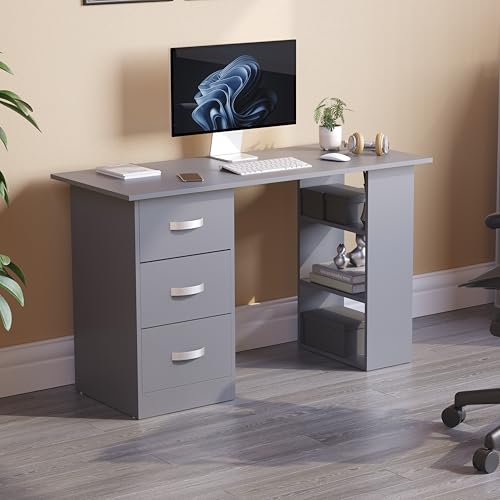 Vida Designs Mason Computer Desk with Shelves and 3 Drawers, Home Office PC/Laptop Gaming Table, Study Workstation, Furniture Grey