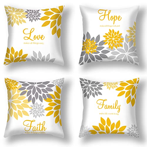 Tatuo 4 Pcs Flower Pillow Covers Square Summer Pillow Cushion Cases 18 x 18 Inch Family Faith Hope Love Words Decorative Spring Winter Cushion Case for Bed Couch Sofa Living Room(Yellow Silver Series)