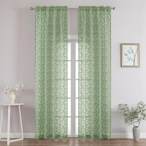 "Chyhomenyc Sage Green Sheer Curtains 96 Inch Length 2 Panels Set, Light Filtering Tufted Textured Soft Airy Rod Pocket Gentle Leaf Window Treatment Drapes for Bedroom Living Room, 42"" Wx96 L, 2PCS"