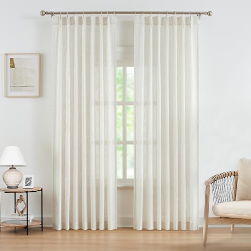 "WEST LAKE Extra Long Natural Bailey Pinch Pleated Curtains for Living Room,Semi Sheer Drapes 108 Inches 9 ft Long for Bedroom,Linen Blend Boho Window Treatment with Back Tabs,42"" Wx108 Lx2"