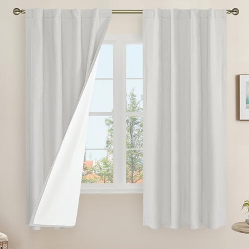 LAMIT Light Grey 100% Blackout Linen Curtains, 63 Inches Linen Textured Thermal Bedroom Curtains Back Tab and Rod Pocket Neutral Panels with White Liner for Farmhouse, 2 Panels, 38 x 63 Inch
