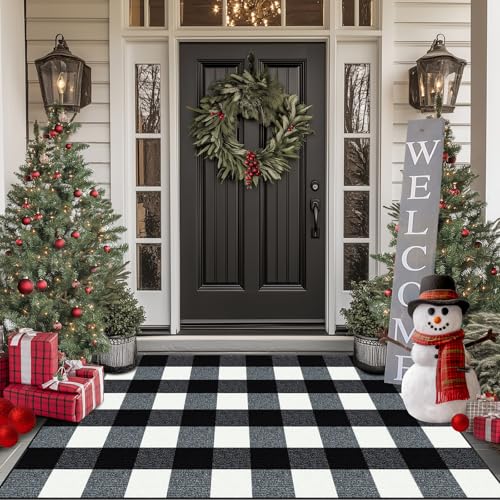 "FONEYI Buffalo Plaid Outdoor Rug, 32""x48"" Checkered Front Door Mat, Non Slip Absorbent Entryway Rug Doormat Indoor, Washable Outdoor Rugs for Layered Door Mats Front Porch/Farmhouse Black and White"