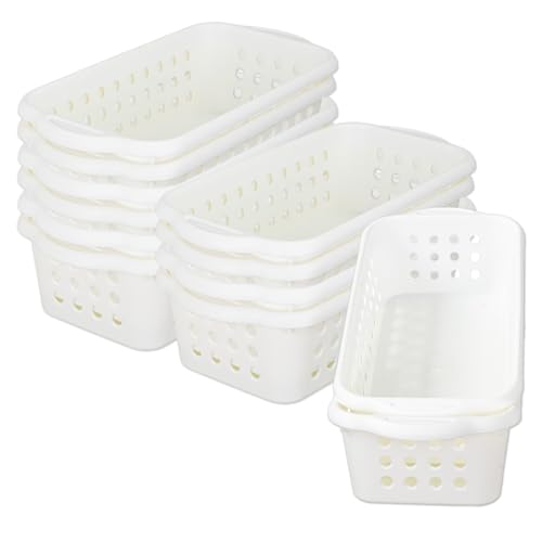 Cetomo Plastic Storage Baskets with Handle, Storage Boxes, Shelf Basket Organizer with Hole, Open Top Storage Bin for Shelves Home Kitchen Office, White, 12 Pack (30.5 x 15 x 8.5 cm)