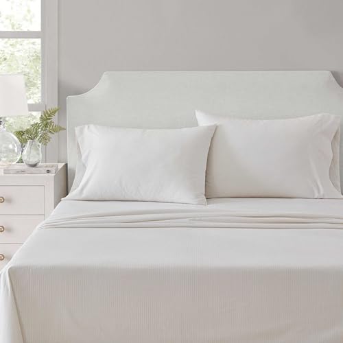 Martha Stewart - King Size Sheets Set, Crisp & Tailored Cooling Sheets w/a Naturally Smooth Cotton Percale Lightweight Feel - Bed Sheets with Matching Pillowcases & Fitted Sheet (Stripe White)