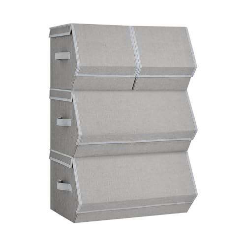 SONGMICS 4 Fabric Storage Bins, 2 Large and 2 Small Wardrobe Organisers - Wardrobe Storage Boxes for Clothes and Books, Magnetic Closures, Fabric, White and Summer Sand, TINA Collection RLB022W01