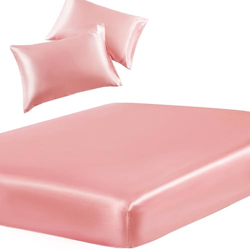 SiinvdaBZX 3-Piece Set Satin Full Fitted Sheet & 2 Pillowcase, Blush Pink - Silky Soft Fitted Bottom Sheet, Deep Pocket Sheet Design Fits 15 Inch Mattress, Wrinkle Free, Fade Resistant