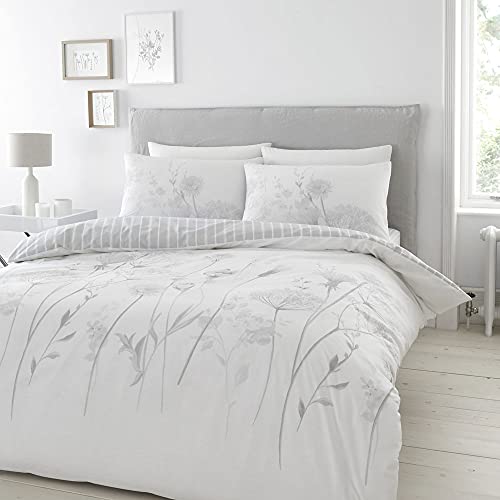 Catherine Lansfield Meadowsweet Floral Reversible King Duvet Cover Set with Pillowcases White